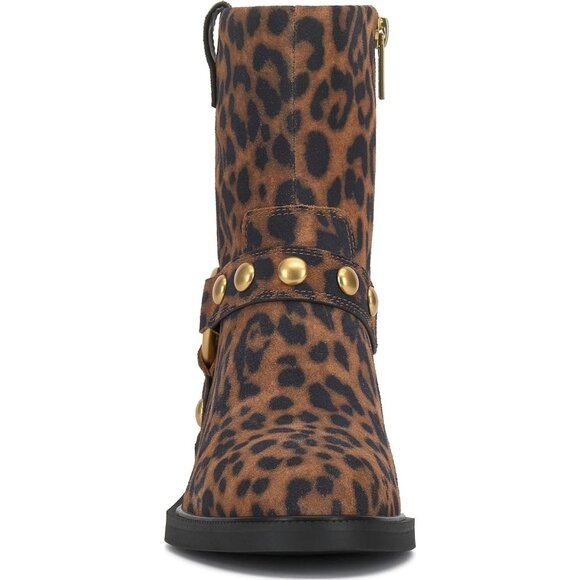 ⚡Women Leopard Print Suede Imported Pointy Toe Mid Calf Chunky Heel Biker Boot - Picture 2 of 7